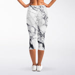 White Gray Scratch Marble Print Women's Capri Leggings