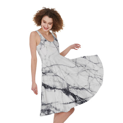 White Gray Scratch Marble Print Women's Sleeveless Dress