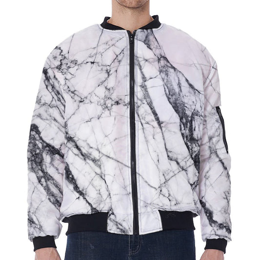 White Gray Scratch Marble Print Zip Sleeve Bomber Jacket