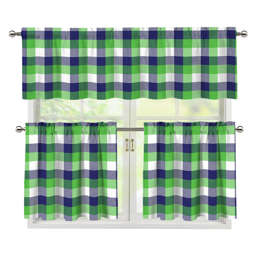 White Green And Blue Buffalo Plaid Print 3 Piece Kitchen Curtains