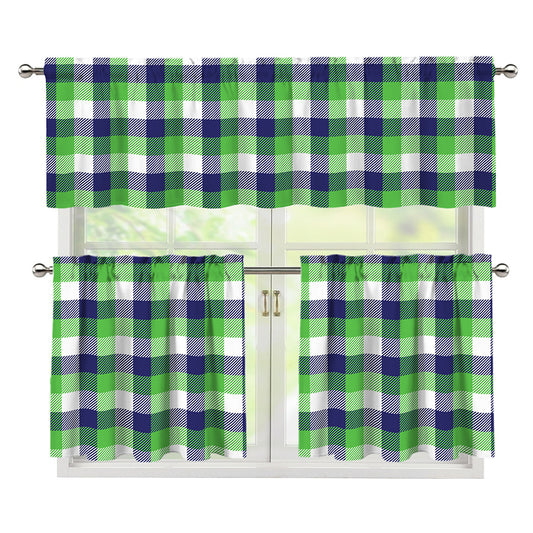 White Green And Blue Buffalo Plaid Print 3 Piece Kitchen Curtains