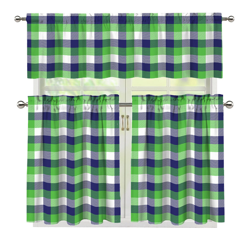 White Green And Blue Buffalo Plaid Print 3 Piece Kitchen Curtains