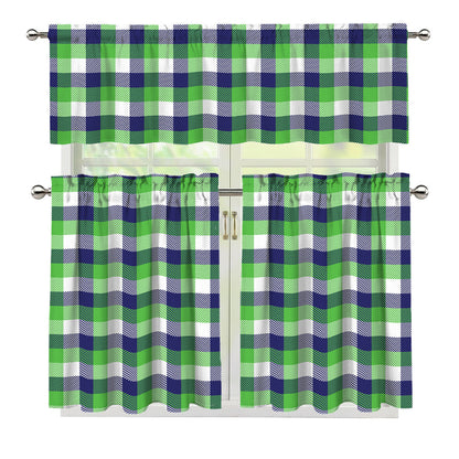 White Green And Blue Buffalo Plaid Print 3 Piece Kitchen Curtains