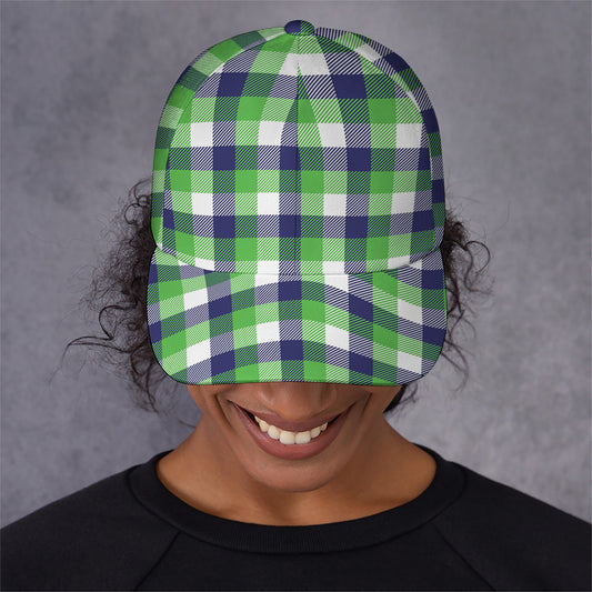 White Green And Blue Buffalo Plaid Print Baseball Cap