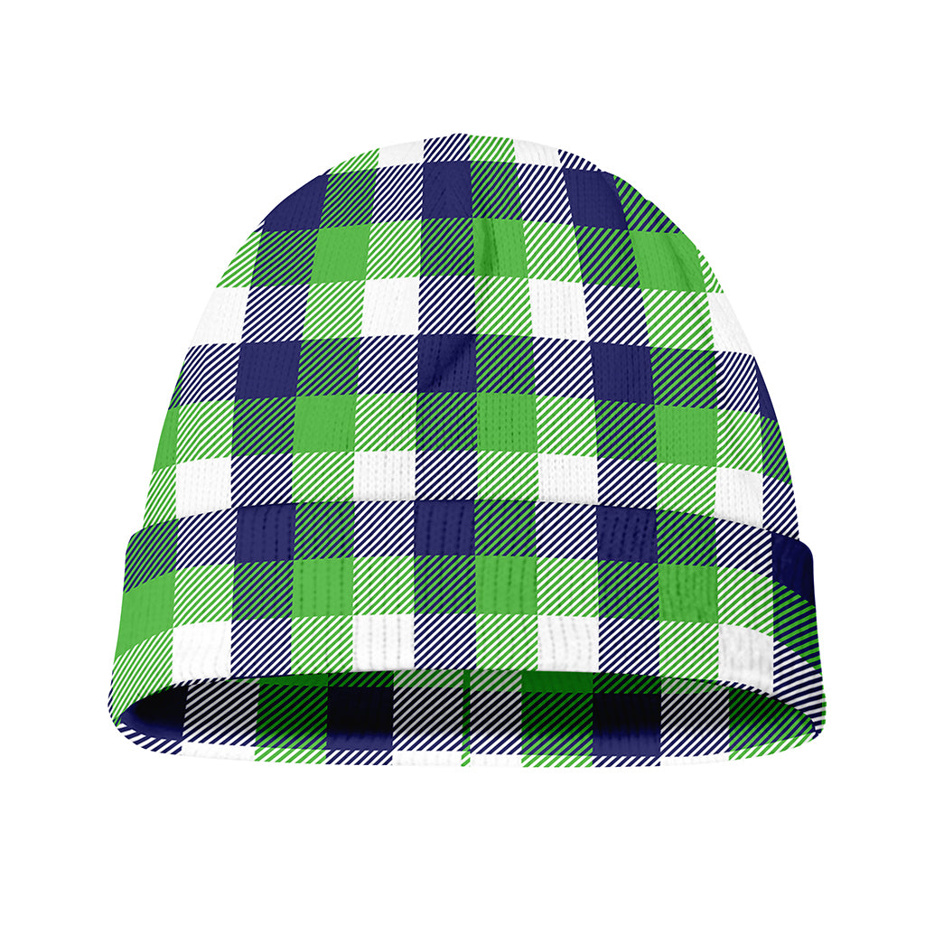 White Green And Blue Buffalo Plaid Print Beanie