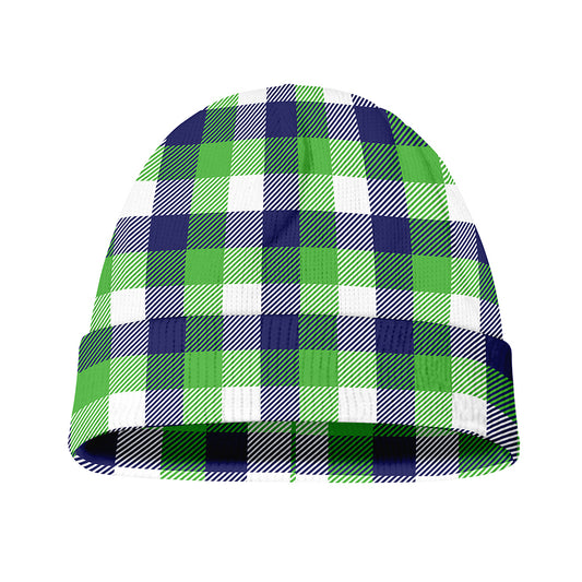 White Green And Blue Buffalo Plaid Print Beanie
