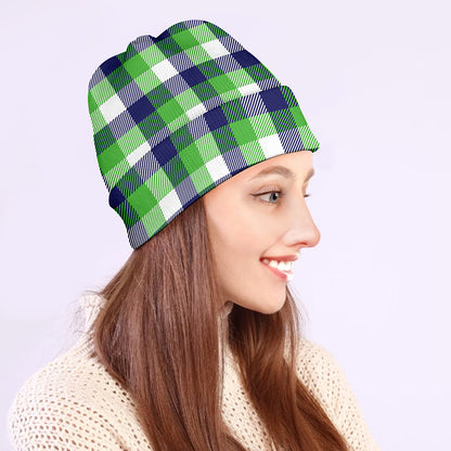 White Green And Blue Buffalo Plaid Print Beanie