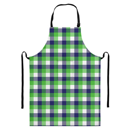 White Green And Blue Buffalo Plaid Print Bib Apron With Pocket