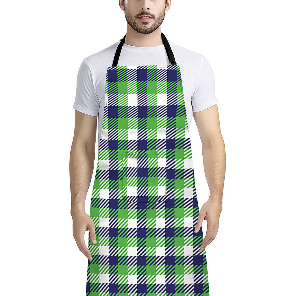White Green And Blue Buffalo Plaid Print Bib Apron With Pocket