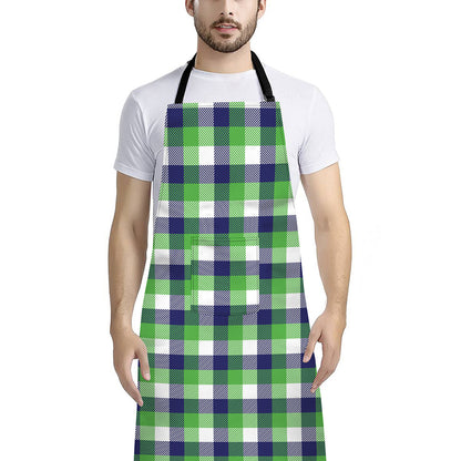 White Green And Blue Buffalo Plaid Print Bib Apron With Pocket