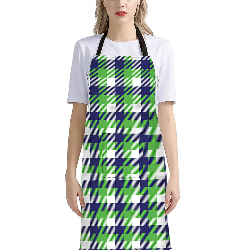 White Green And Blue Buffalo Plaid Print Bib Apron With Pocket