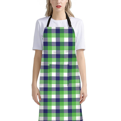 White Green And Blue Buffalo Plaid Print Bib Apron With Pocket