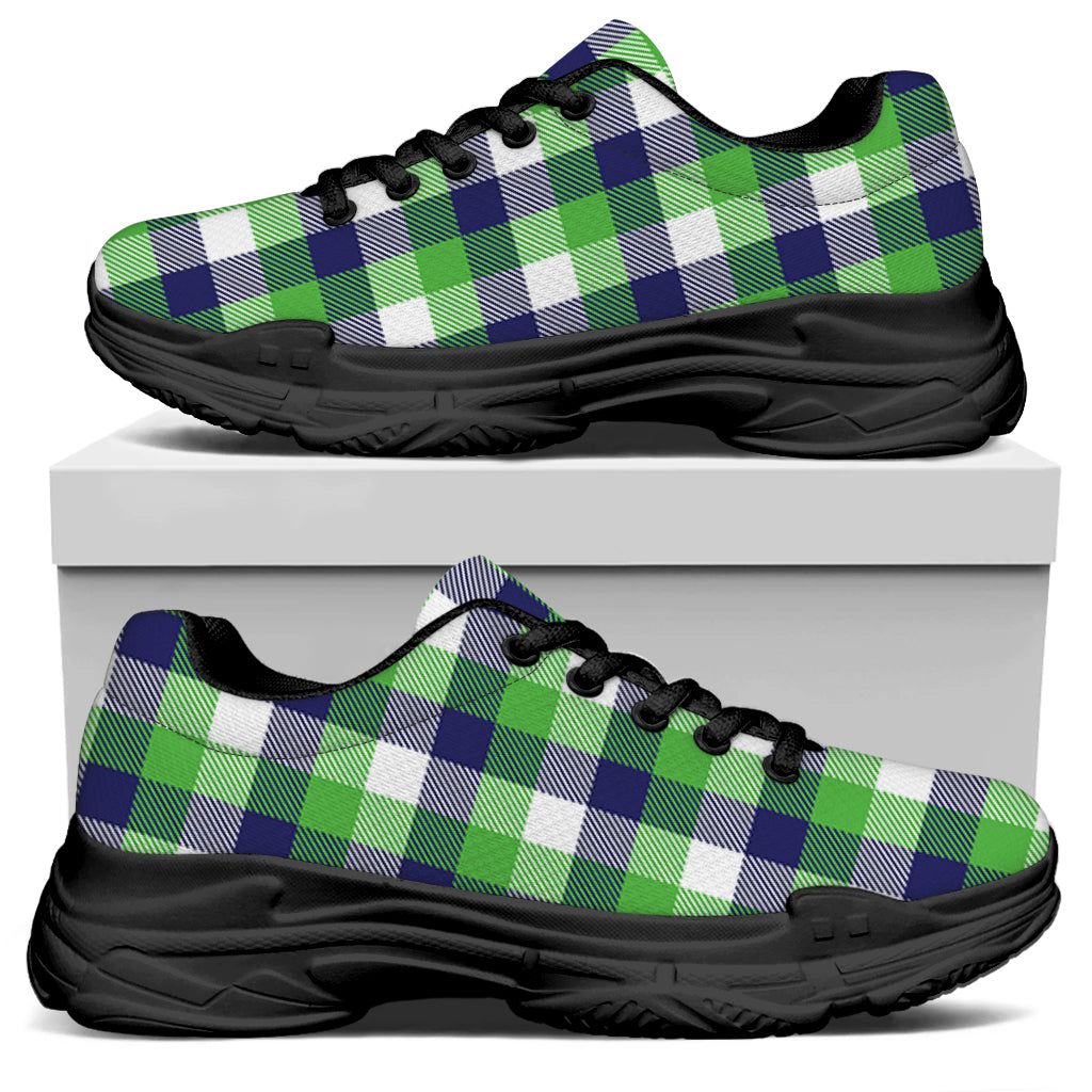 White Green And Blue Buffalo Plaid Print Black Chunky Shoes