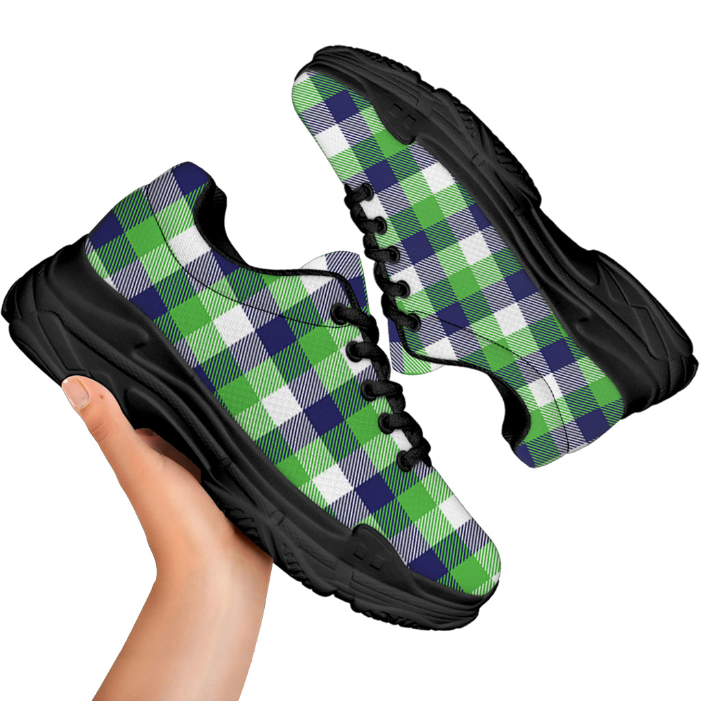 White Green And Blue Buffalo Plaid Print Black Chunky Shoes
