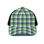 White Green And Blue Buffalo Plaid Print Black Mesh Trucker Cap