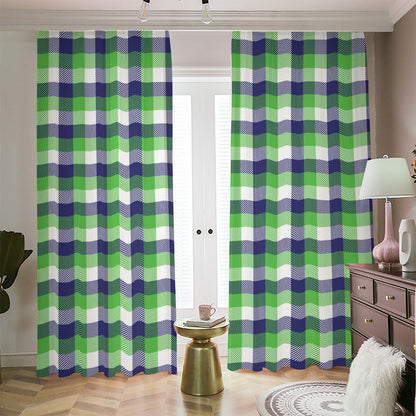 White Green And Blue Buffalo Plaid Print Blackout Pencil Pleat Curtains