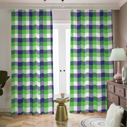 White Green And Blue Buffalo Plaid Print Blackout Pencil Pleat Curtains