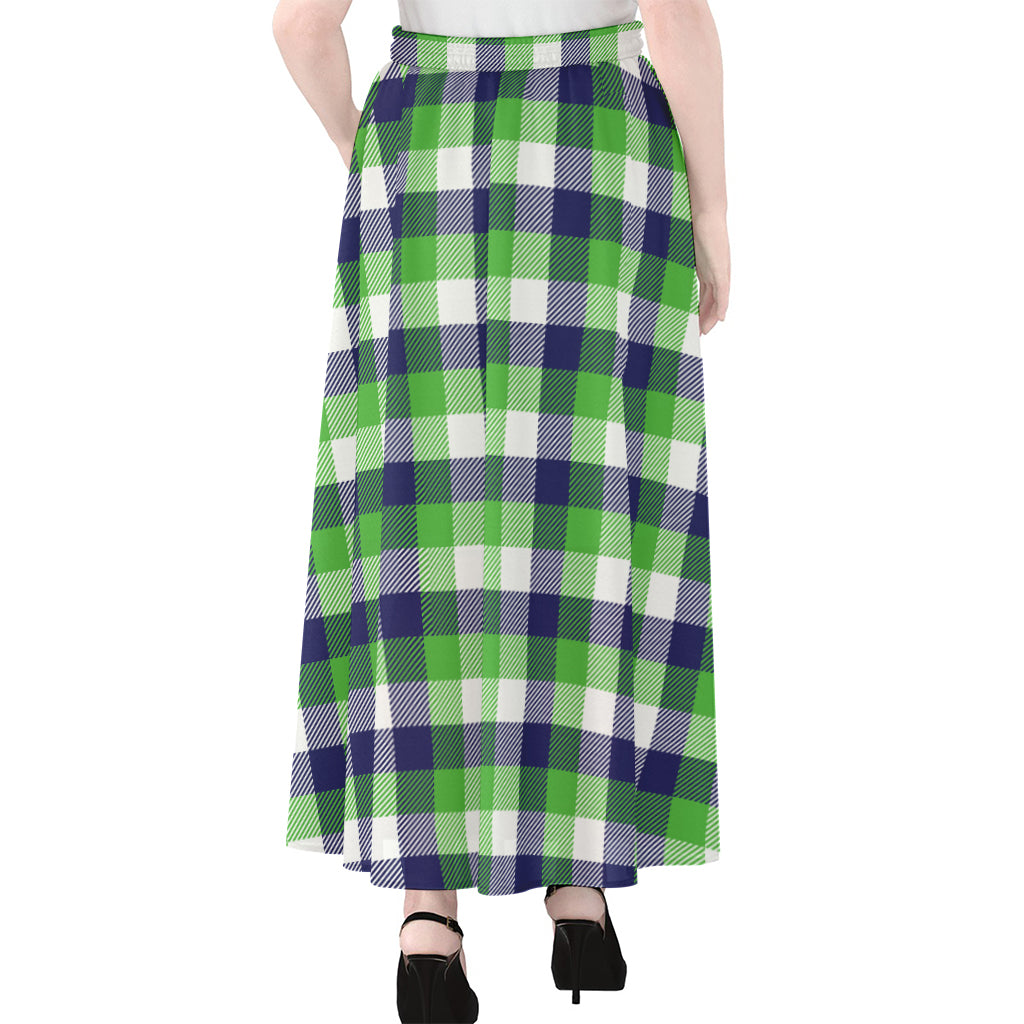 White Green And Blue Buffalo Plaid Print Chiffon Maxi Skirt