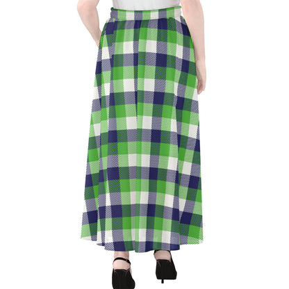 White Green And Blue Buffalo Plaid Print Chiffon Maxi Skirt