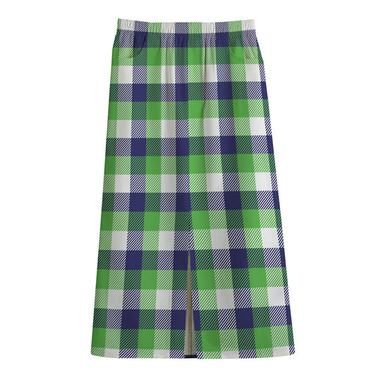 White Green And Blue Buffalo Plaid Print Cotton Front Slit Maxi Skirt