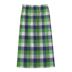 White Green And Blue Buffalo Plaid Print Cotton Front Slit Maxi Skirt