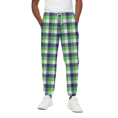 White Green And Blue Buffalo Plaid Print Cotton Pants