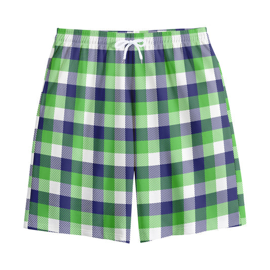 White Green And Blue Buffalo Plaid Print Cotton Shorts