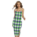 White Green And Blue Buffalo Plaid Print Cross Back Cami Dress
