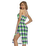 White Green And Blue Buffalo Plaid Print Cross Back Cami Dress