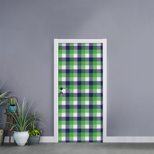 White Green And Blue Buffalo Plaid Print Door Sticker