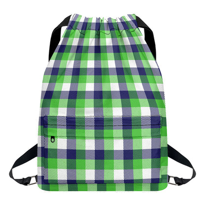 White Green And Blue Buffalo Plaid Print Drawstring Backpack