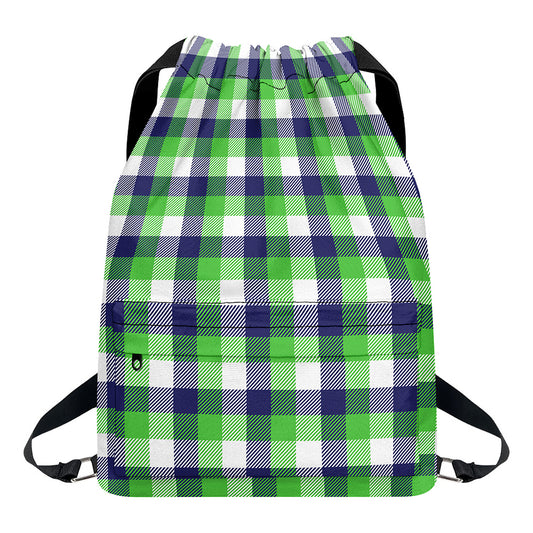 White Green And Blue Buffalo Plaid Print Drawstring Backpack