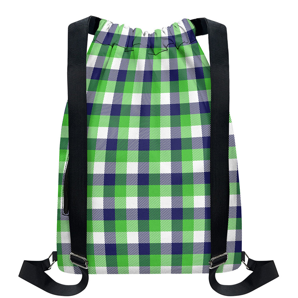 White Green And Blue Buffalo Plaid Print Drawstring Backpack