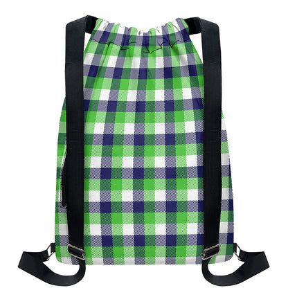 White Green And Blue Buffalo Plaid Print Drawstring Backpack