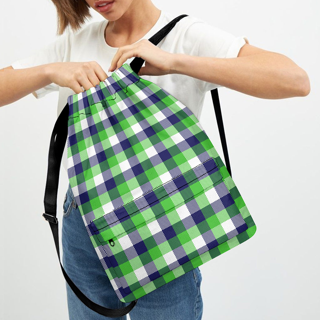 White Green And Blue Buffalo Plaid Print Drawstring Backpack