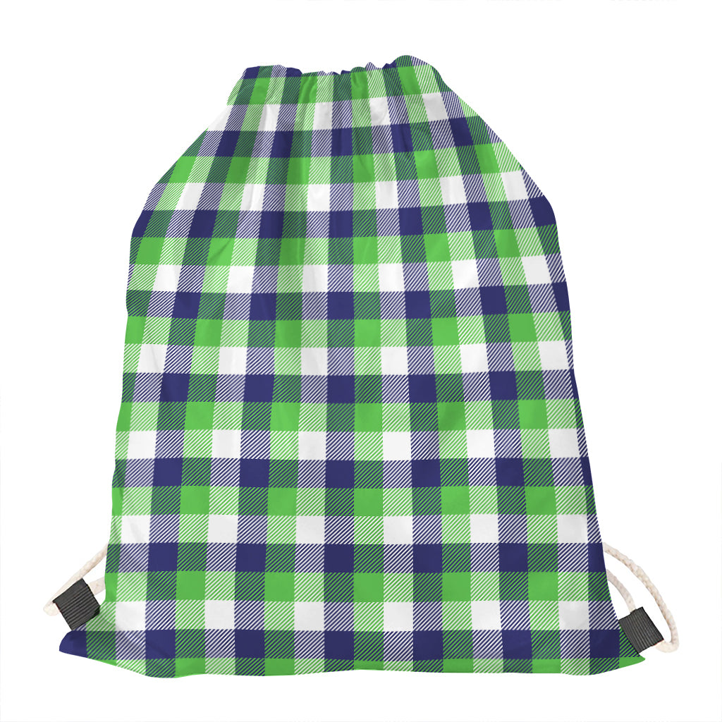 White Green And Blue Buffalo Plaid Print Drawstring Bag