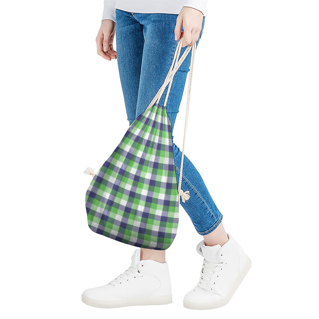 White Green And Blue Buffalo Plaid Print Drawstring Bag