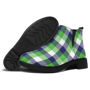 White Green And Blue Buffalo Plaid Print Flat Ankle Boots