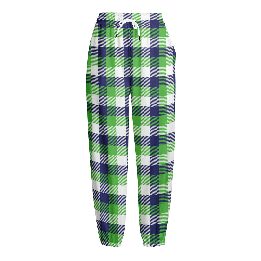 White Green And Blue Buffalo Plaid Print Fleece Lined Knit Pants