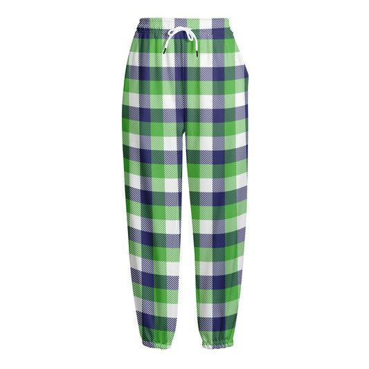 White Green And Blue Buffalo Plaid Print Fleece Lined Knit Pants