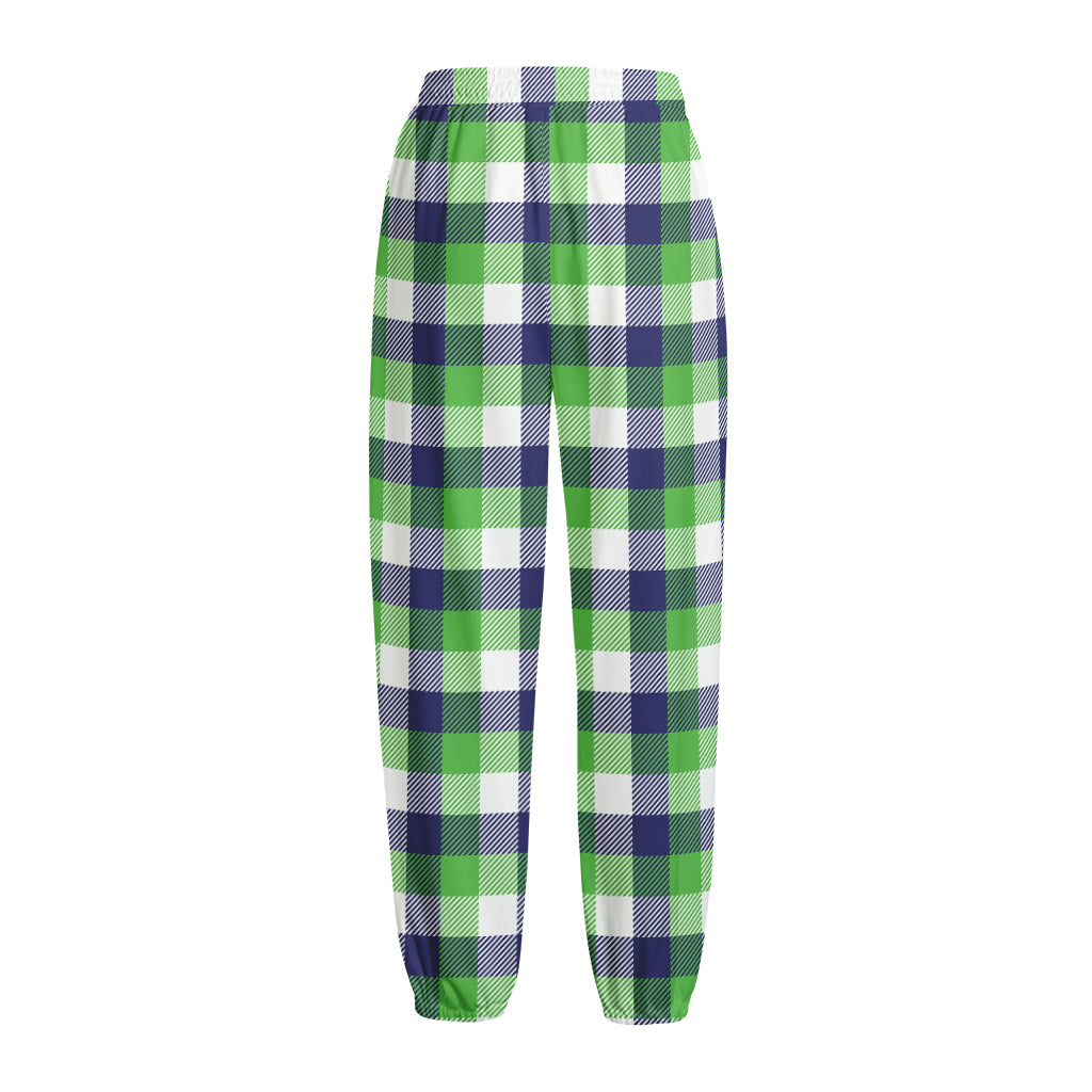 White Green And Blue Buffalo Plaid Print Fleece Lined Knit Pants