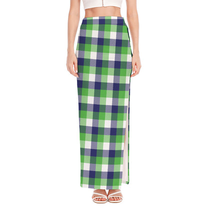 White Green And Blue Buffalo Plaid Print High Slit Maxi Skirt