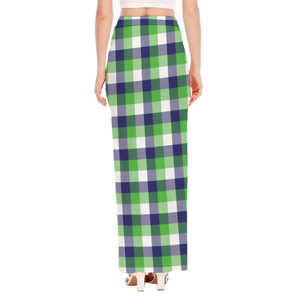 White Green And Blue Buffalo Plaid Print High Slit Maxi Skirt