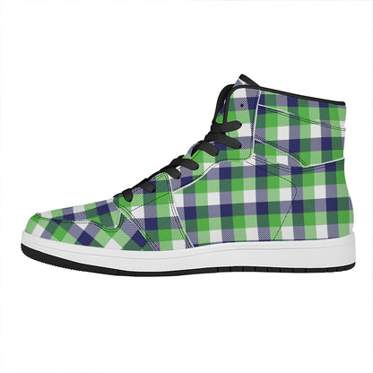 White Green And Blue Buffalo Plaid Print High Top Leather Sneakers