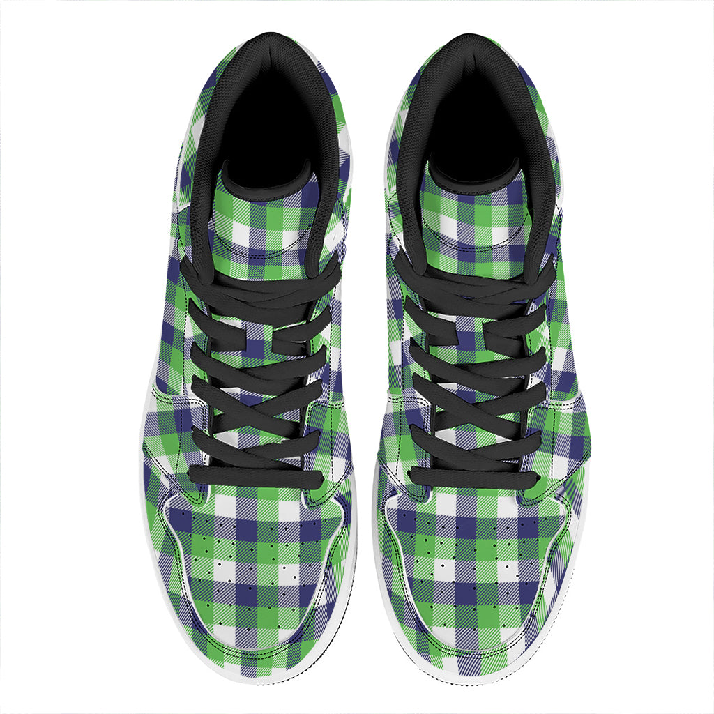 White Green And Blue Buffalo Plaid Print High Top Leather Sneakers