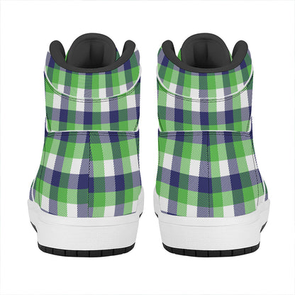 White Green And Blue Buffalo Plaid Print High Top Leather Sneakers
