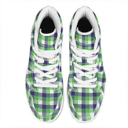 White Green And Blue Buffalo Plaid Print High Top Leather Sneakers