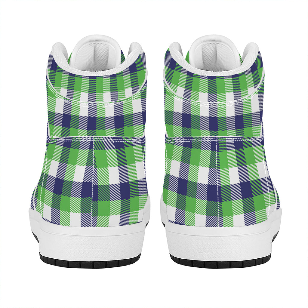 White Green And Blue Buffalo Plaid Print High Top Leather Sneakers