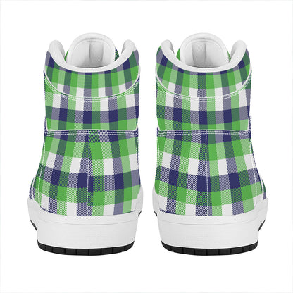 White Green And Blue Buffalo Plaid Print High Top Leather Sneakers