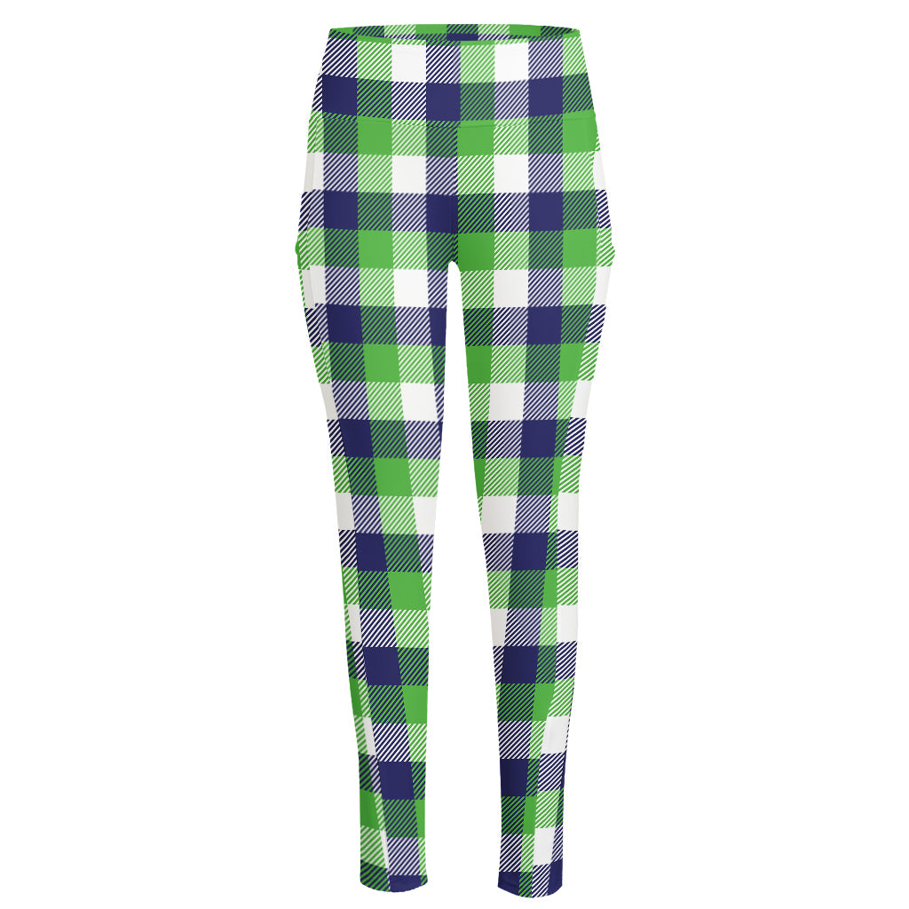 White Green And Blue Buffalo Plaid Print High-Waisted Pocket Leggings